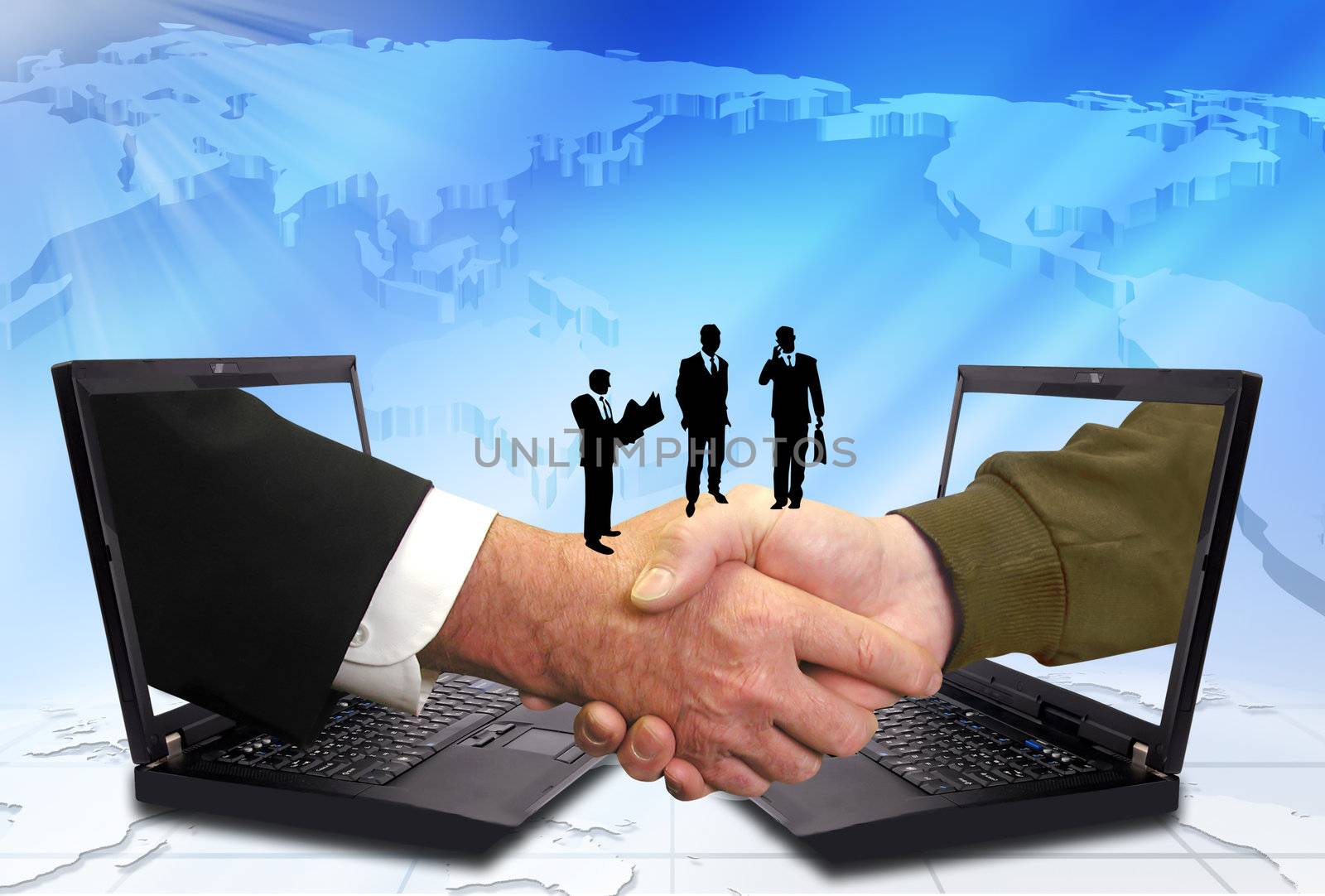 Hand shake between a businessman and a laptop