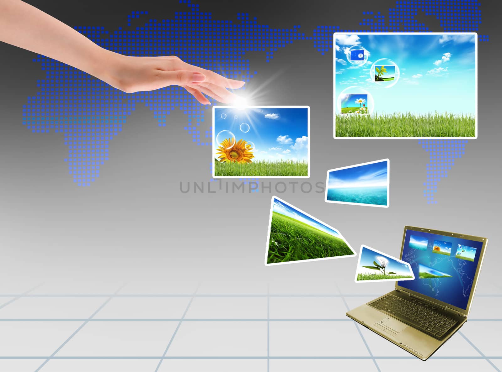 Multimedia concept with modern laptop on green field. by rufous