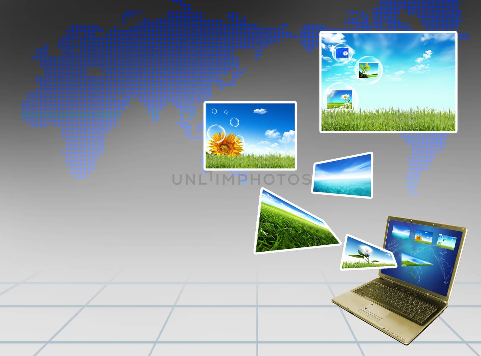 Multimedia concept with modern laptop on green field. by rufous