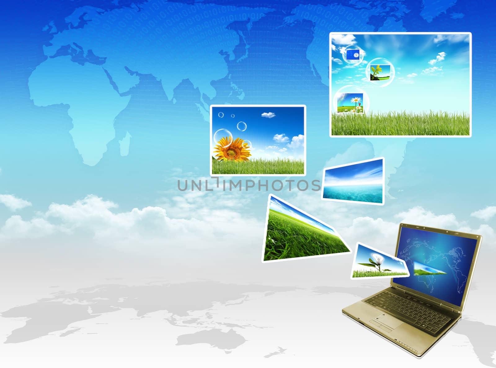 Multimedia concept with modern laptop on green field.