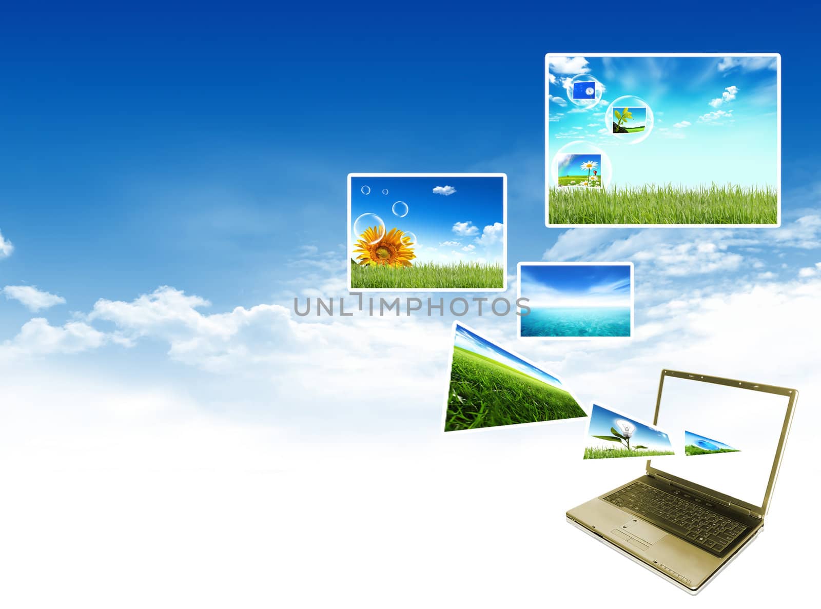 Multimedia concept with modern laptop on green field.