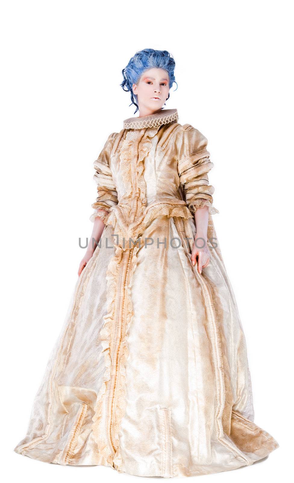 Woman with medieval dress standing and looking at camera, isolated on white