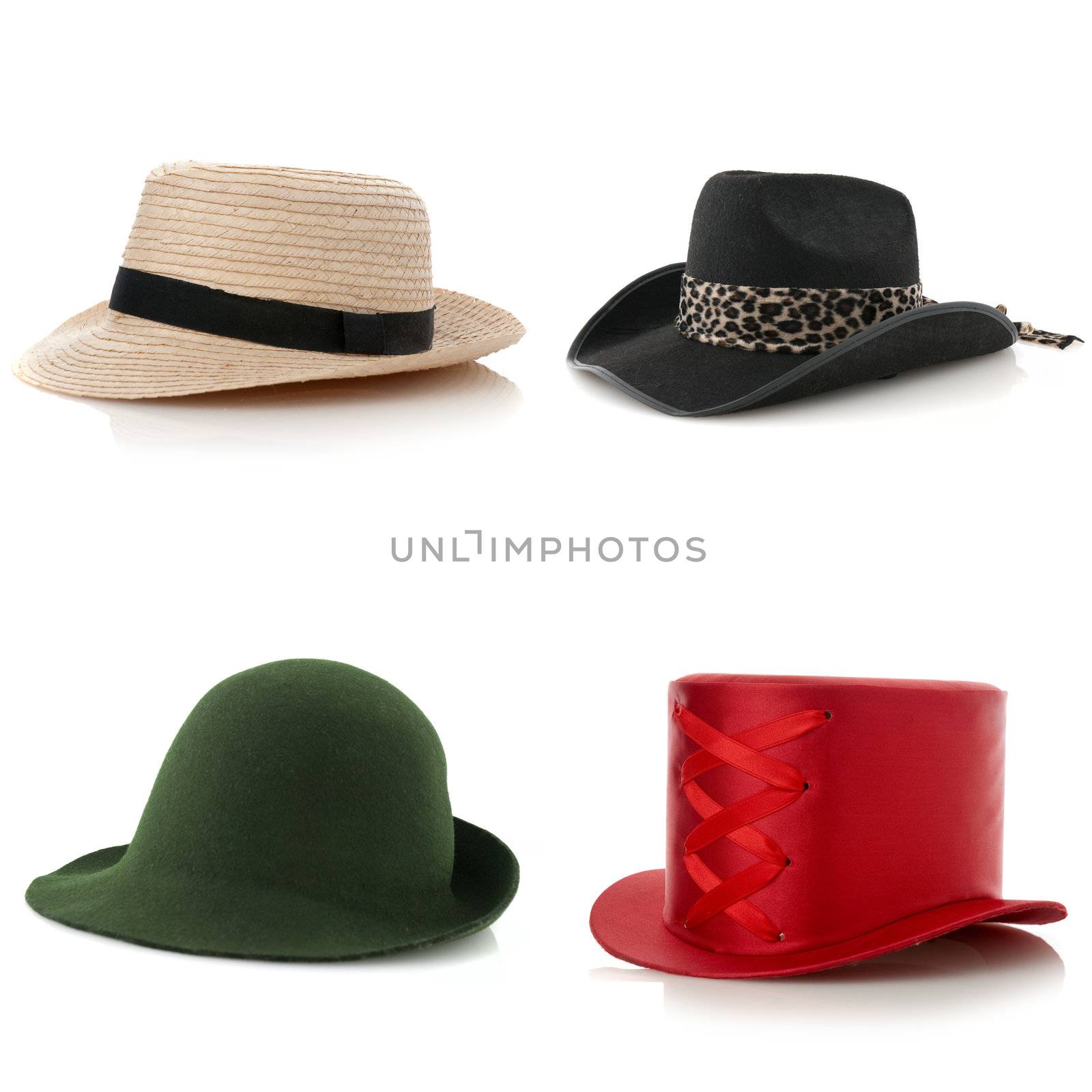 Set of assorted hats on white background.