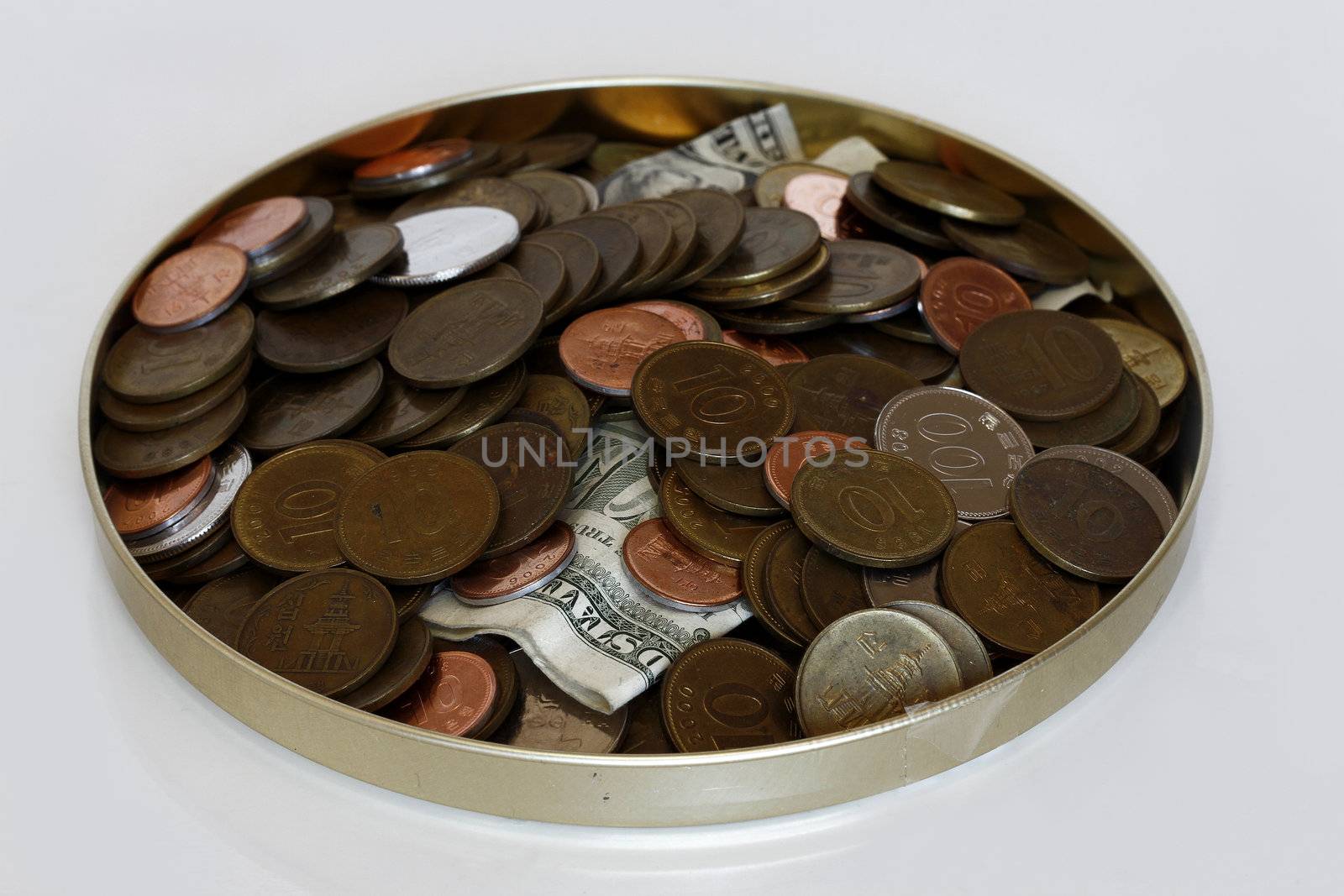 church offering plate with coins and dollar