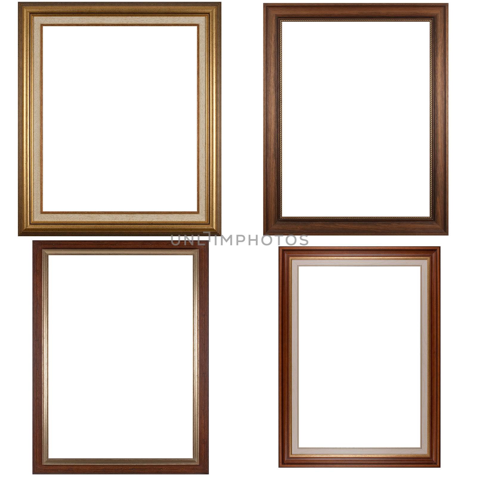 Four antique picture frames isolated on white background.