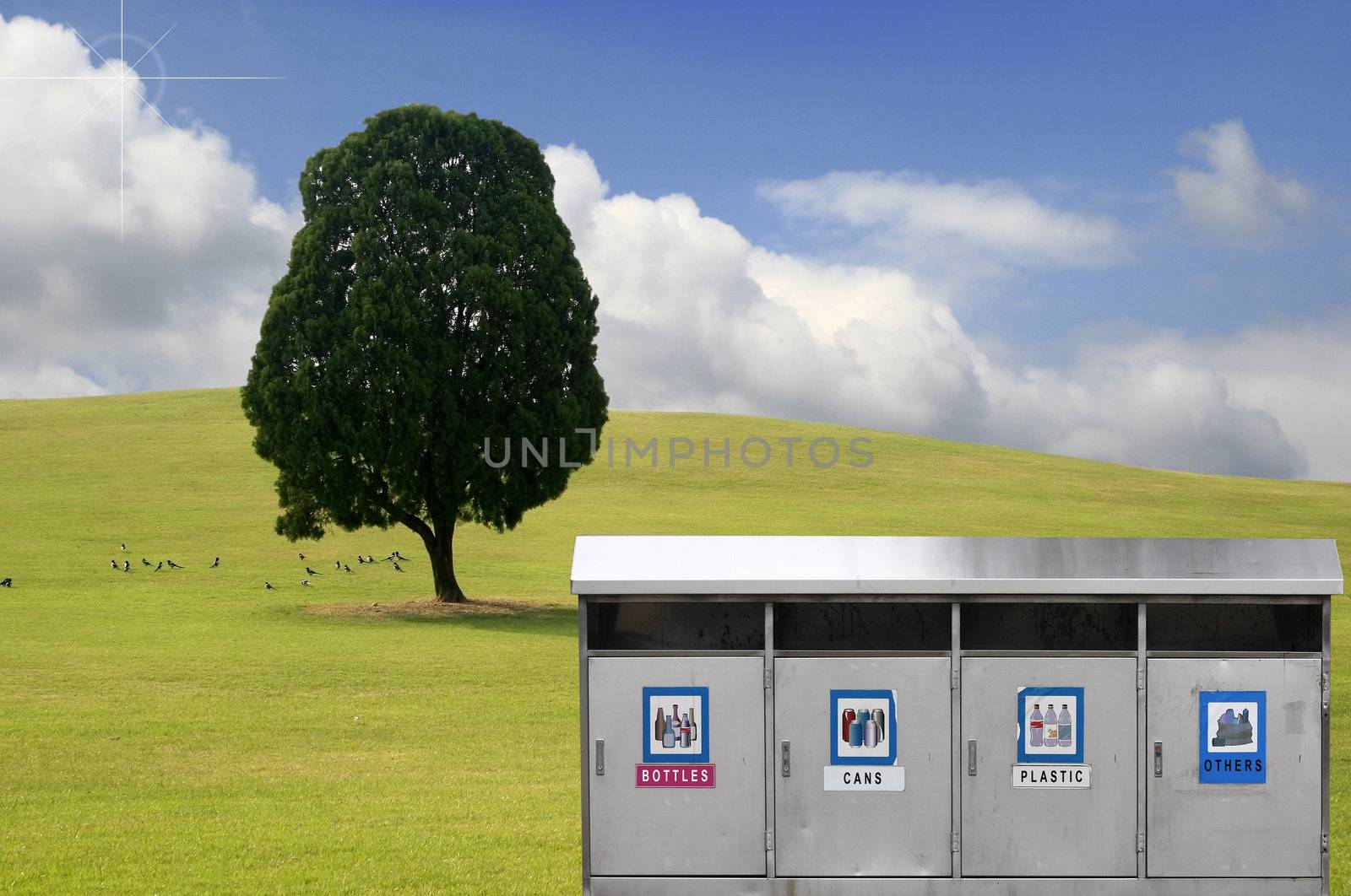 Recycle bins with four categories - many uses for save the environment concept in a spring landscape.