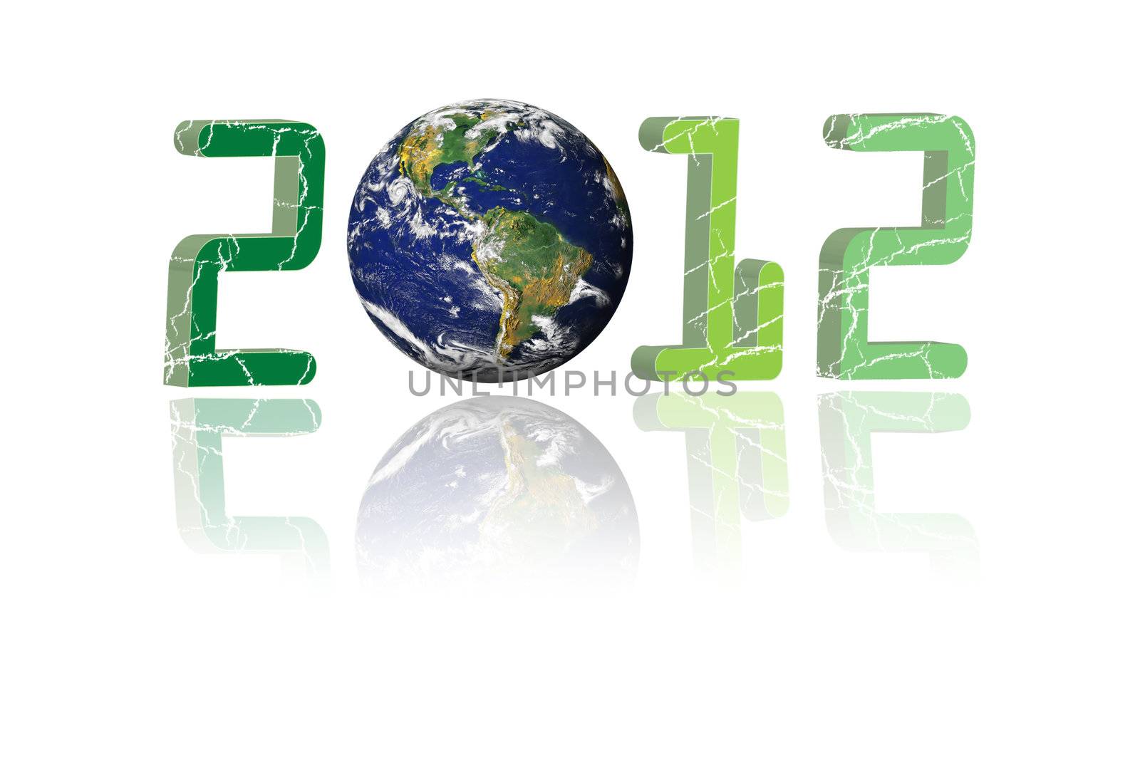 Creative 2012 New Year concept with blue Earth globe isolated on white reflective background