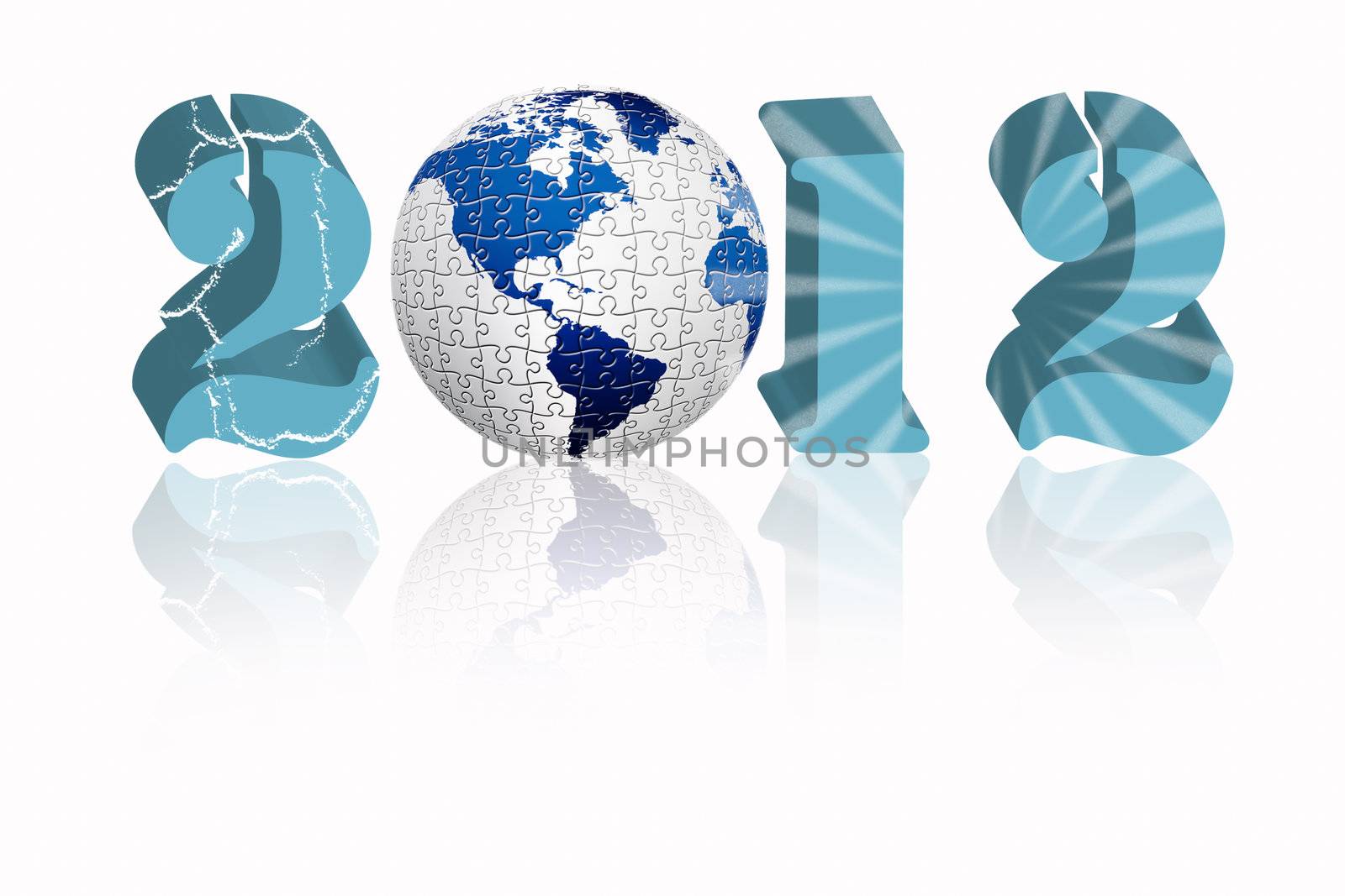 Creative 2012 New Year concept with blue Earth globe isolated on white reflective background