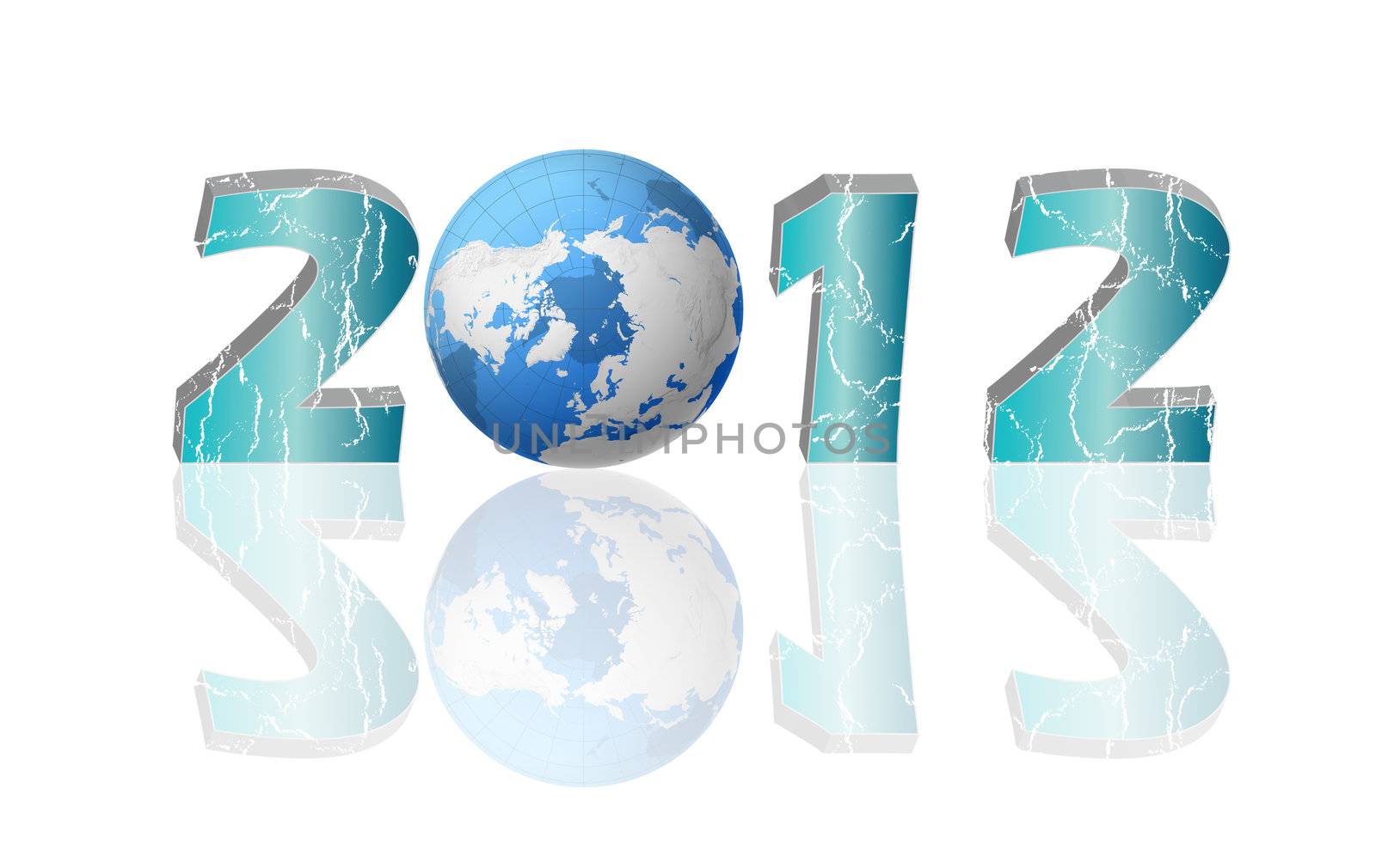 Creative 2012 New Year concept with blue Earth globe isolated on white reflective background