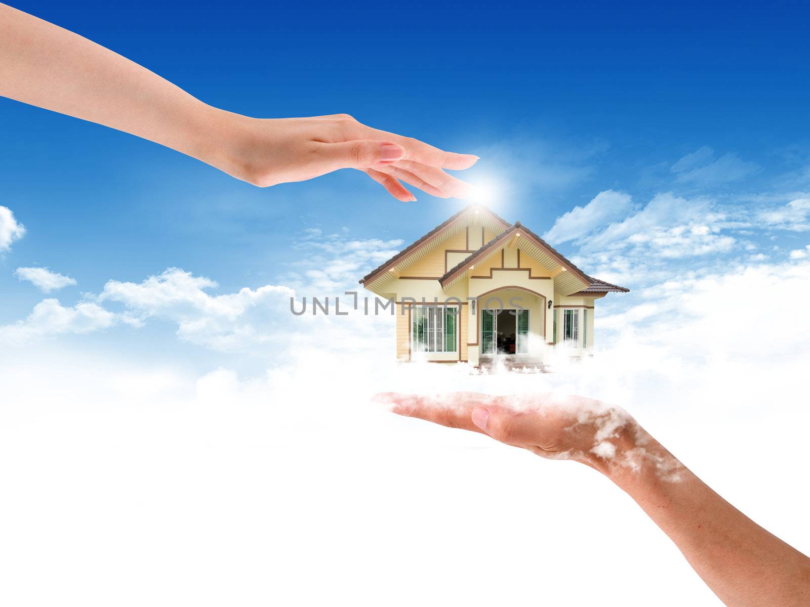 The House in the hands against the blue sky  by rufous