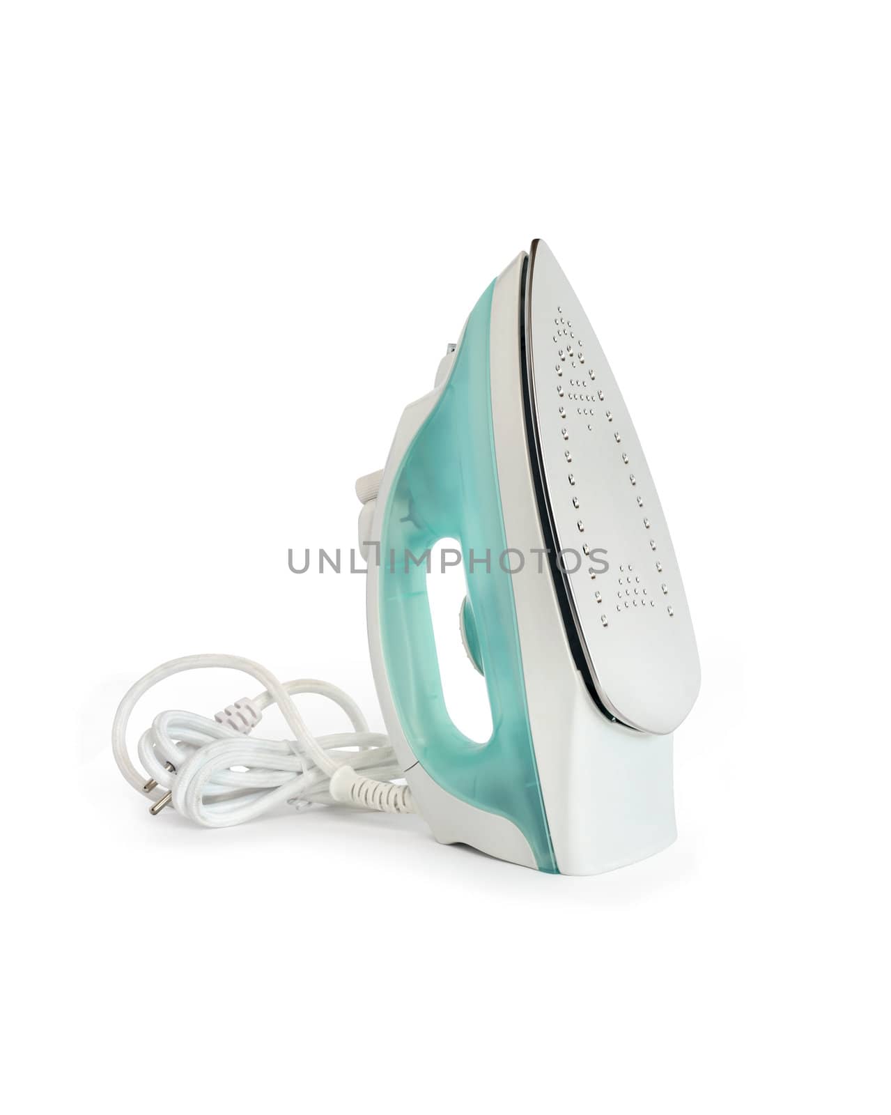 Closeup of new modern electric iron with cable on white background. Clipping path is included