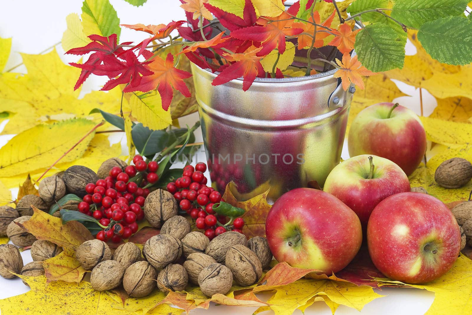 beautiful arrangement of autumn leaves and red apples and walnuts