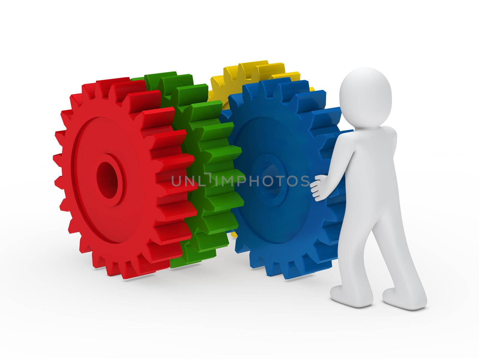 3d man push four colorful gear circle