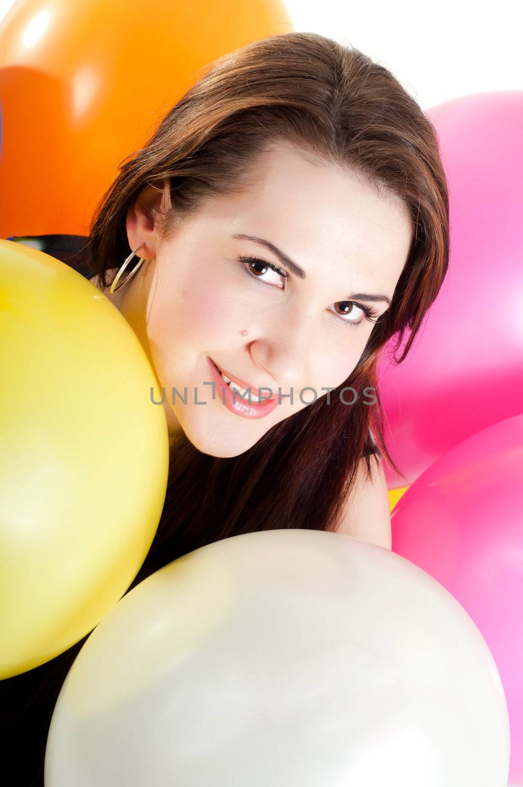 Shot of beautiful woman with multicolored air balloons isolated on white