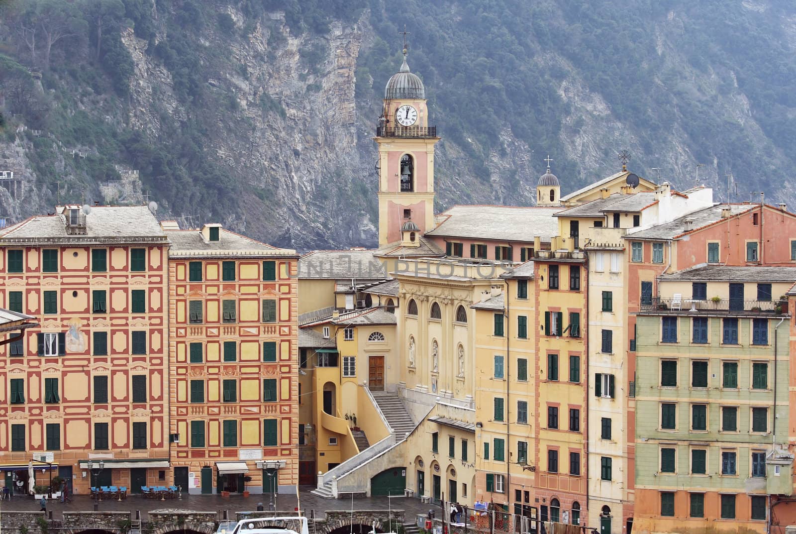 homes and church in Camogli, famous small town in Liguria, Italy