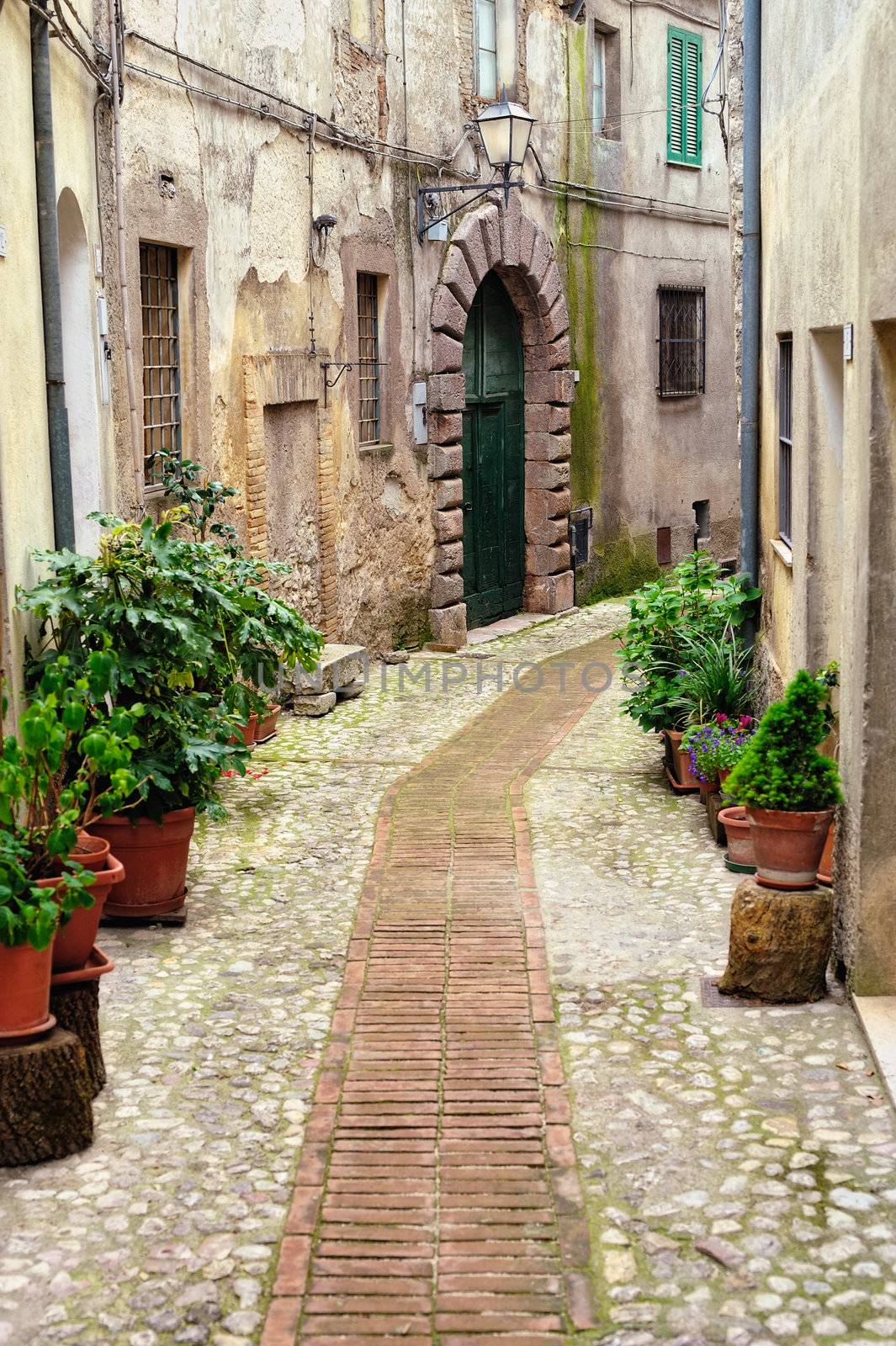 Sidewalk between old homes paved with the cobblestones