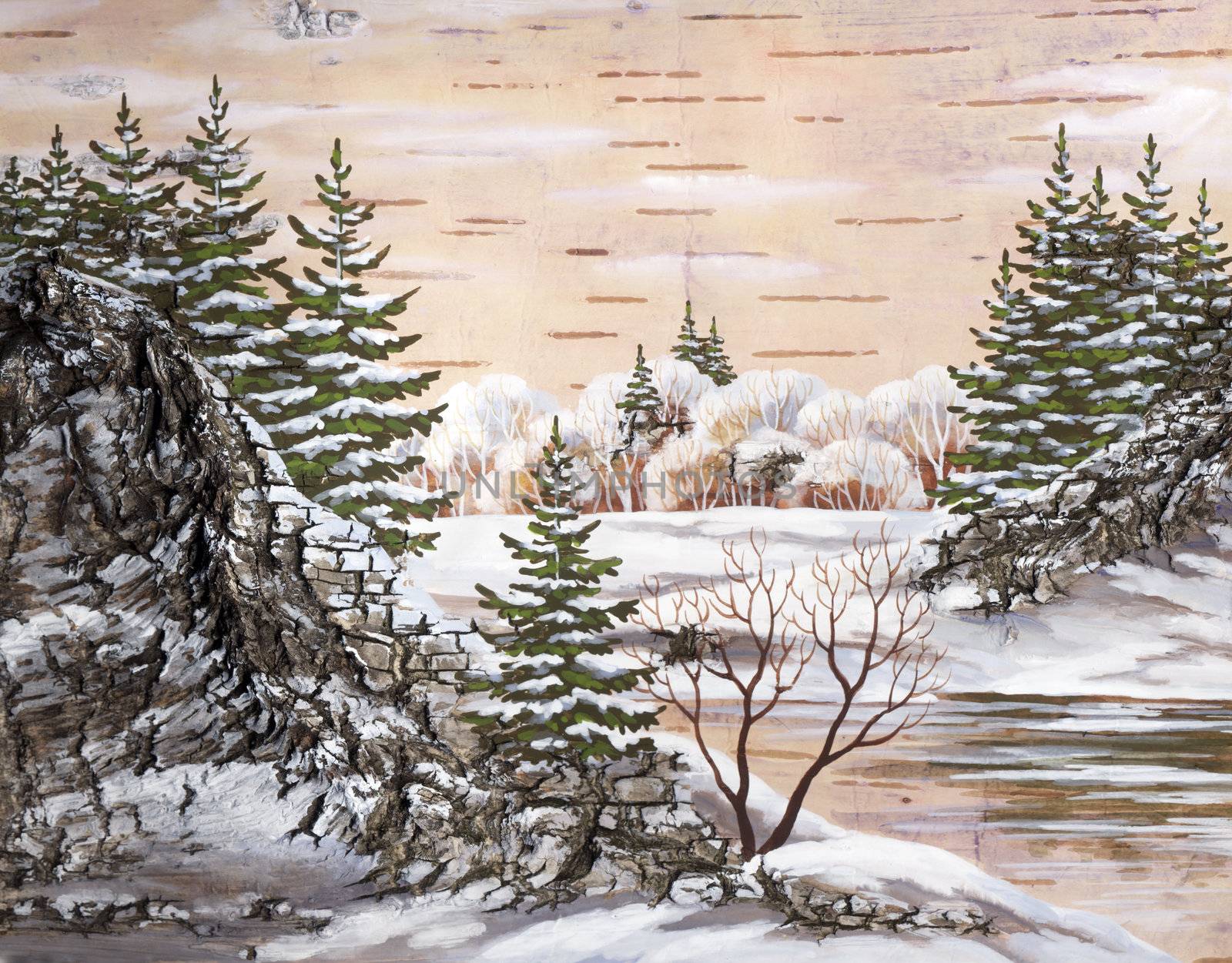 Drawing distemper on a birch bark: the Siberian winter lake