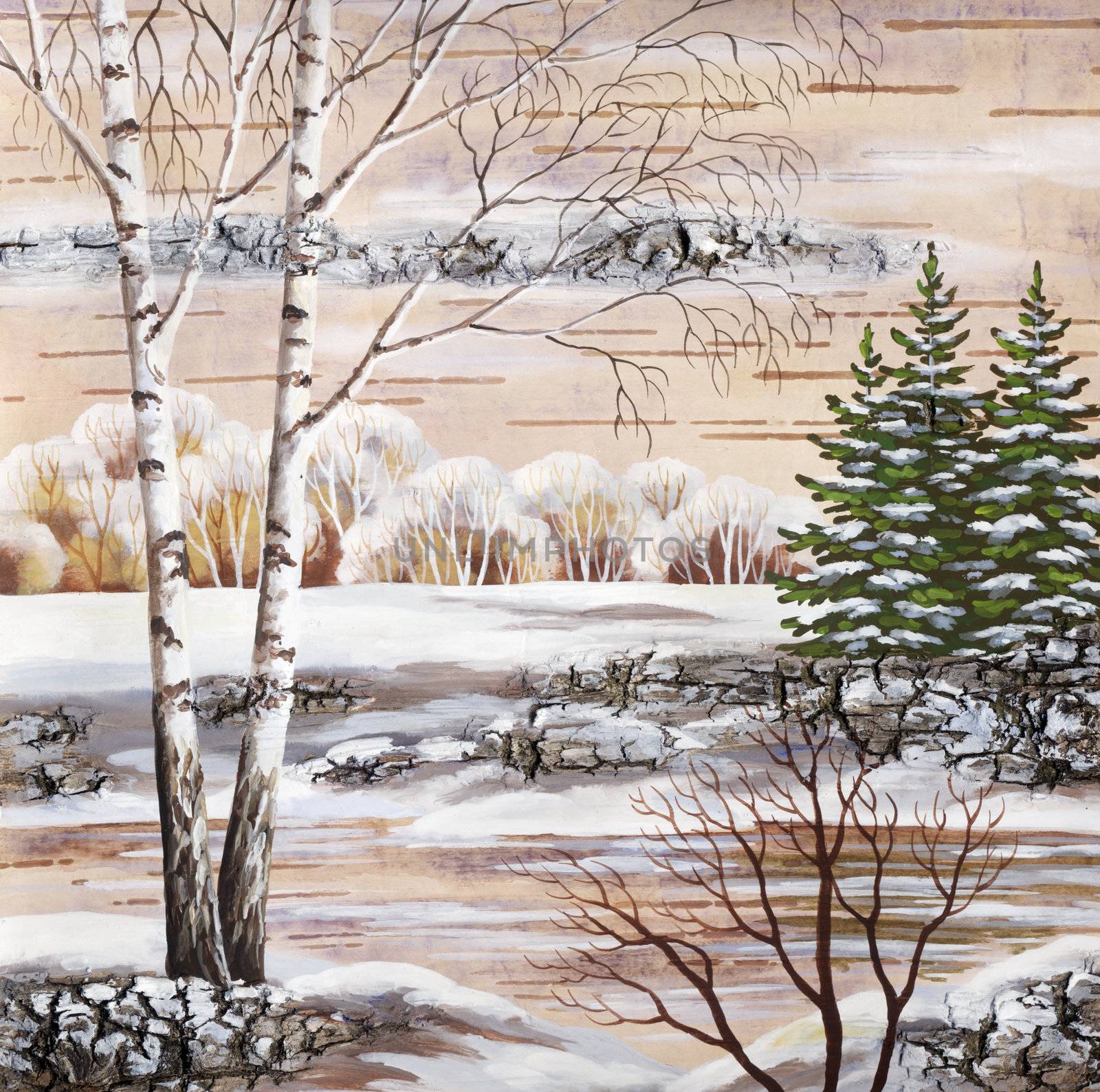 Drawing distemper on a birch bark: the Siberian winter lake