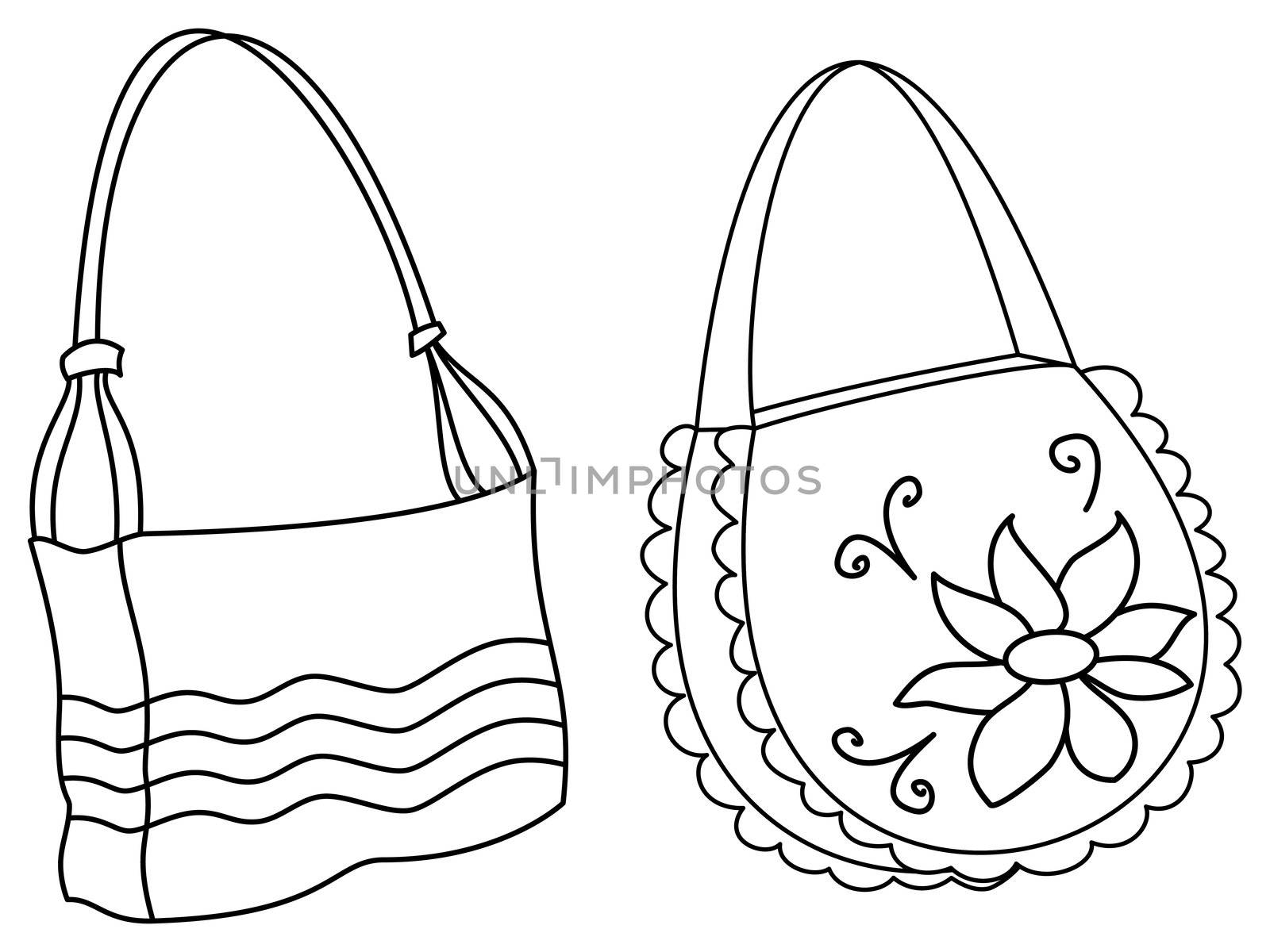 Female handbags with a pattern from flowers and lines, outline