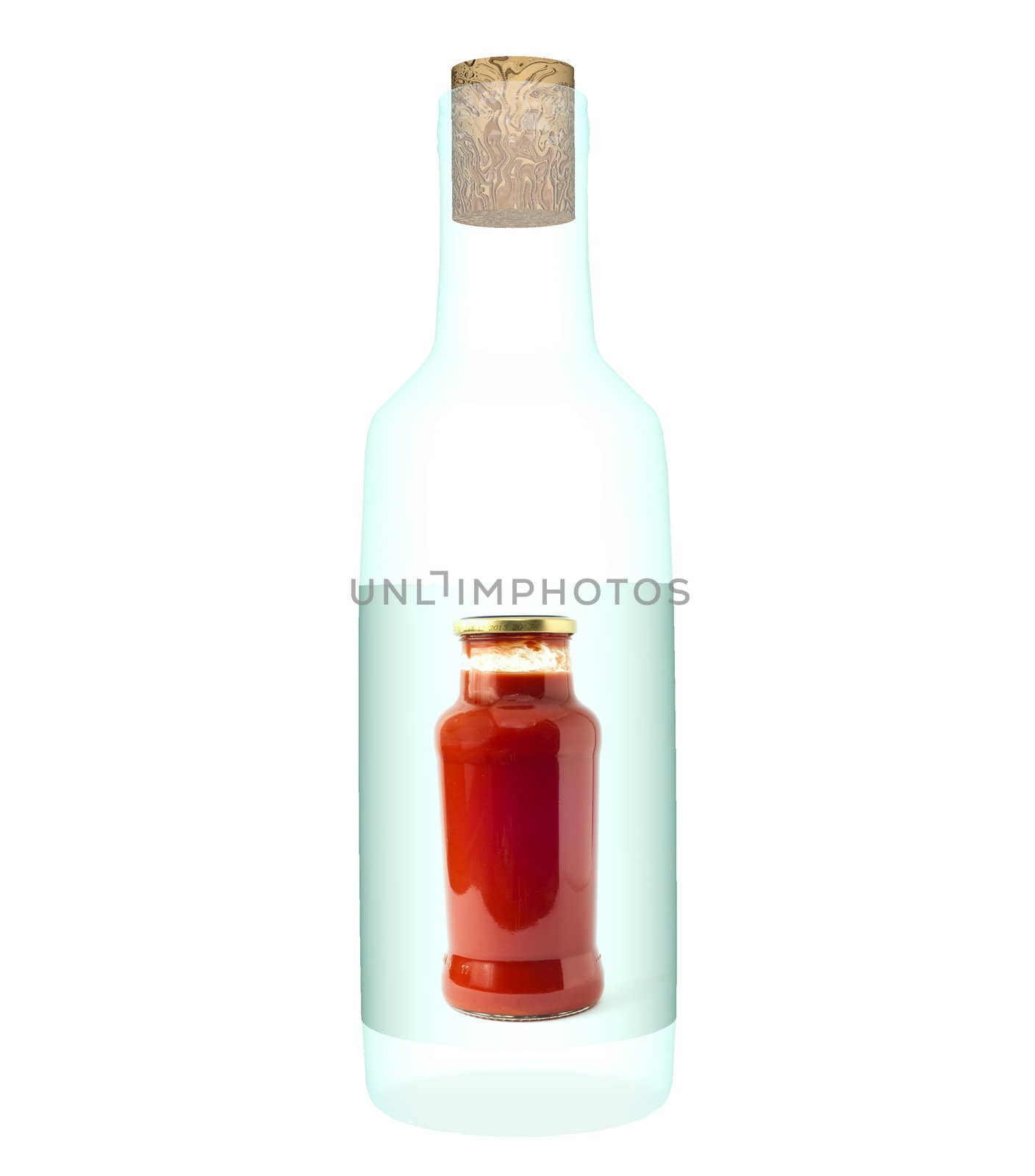 glass bottle whith label for tomato sauce on white backgound