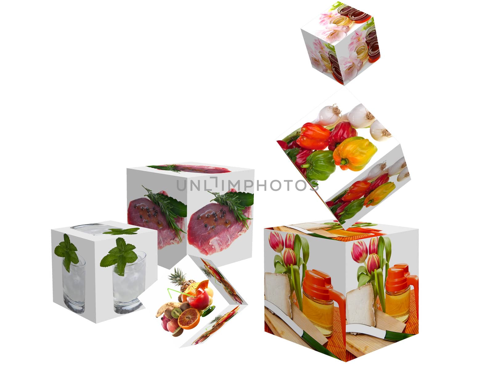 Cubes with images of food on white background
