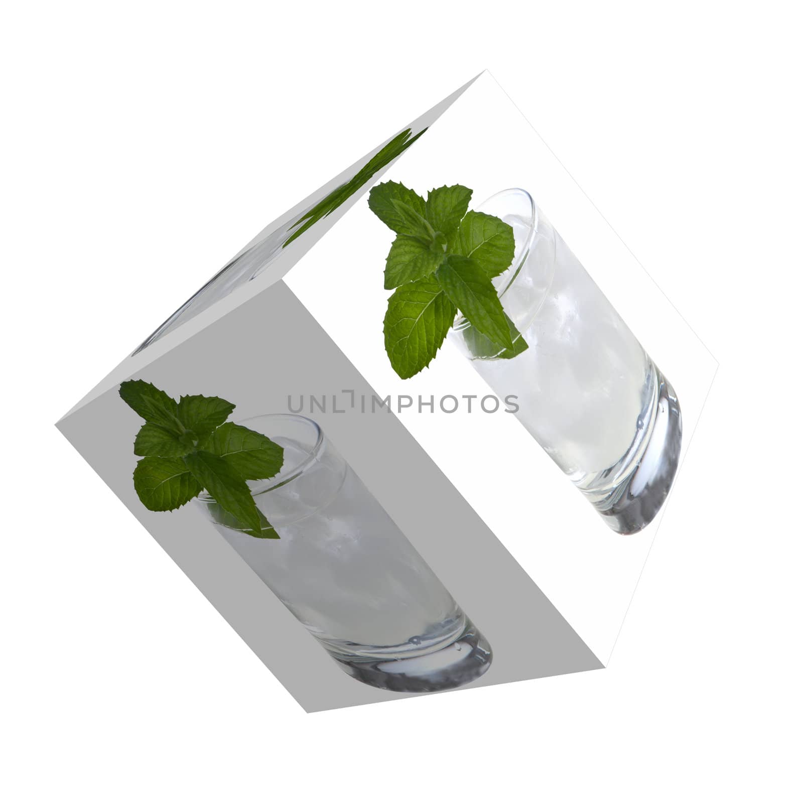 Cube with a glass of iced water with mint leaves on white background