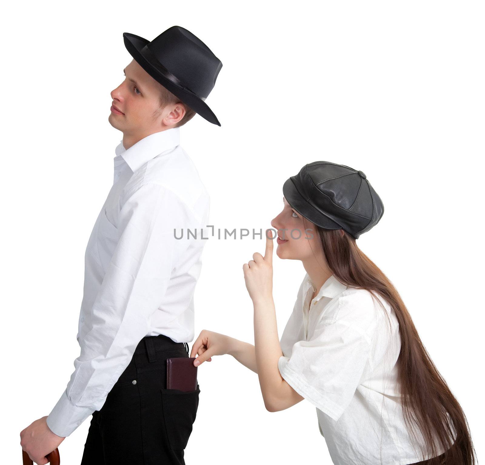 A thief steals a purse from an inattentive gentleman. Isolated on white background