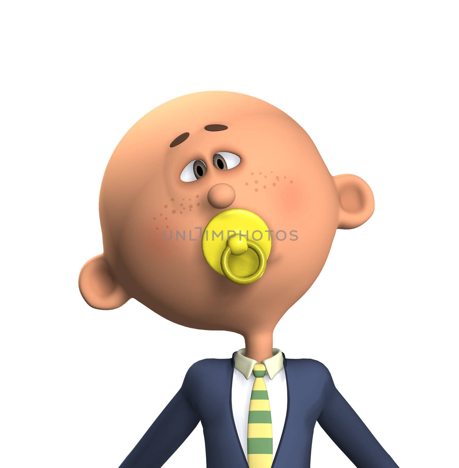 Humorous concept image showing a  business man sucking on a babies dummy.

