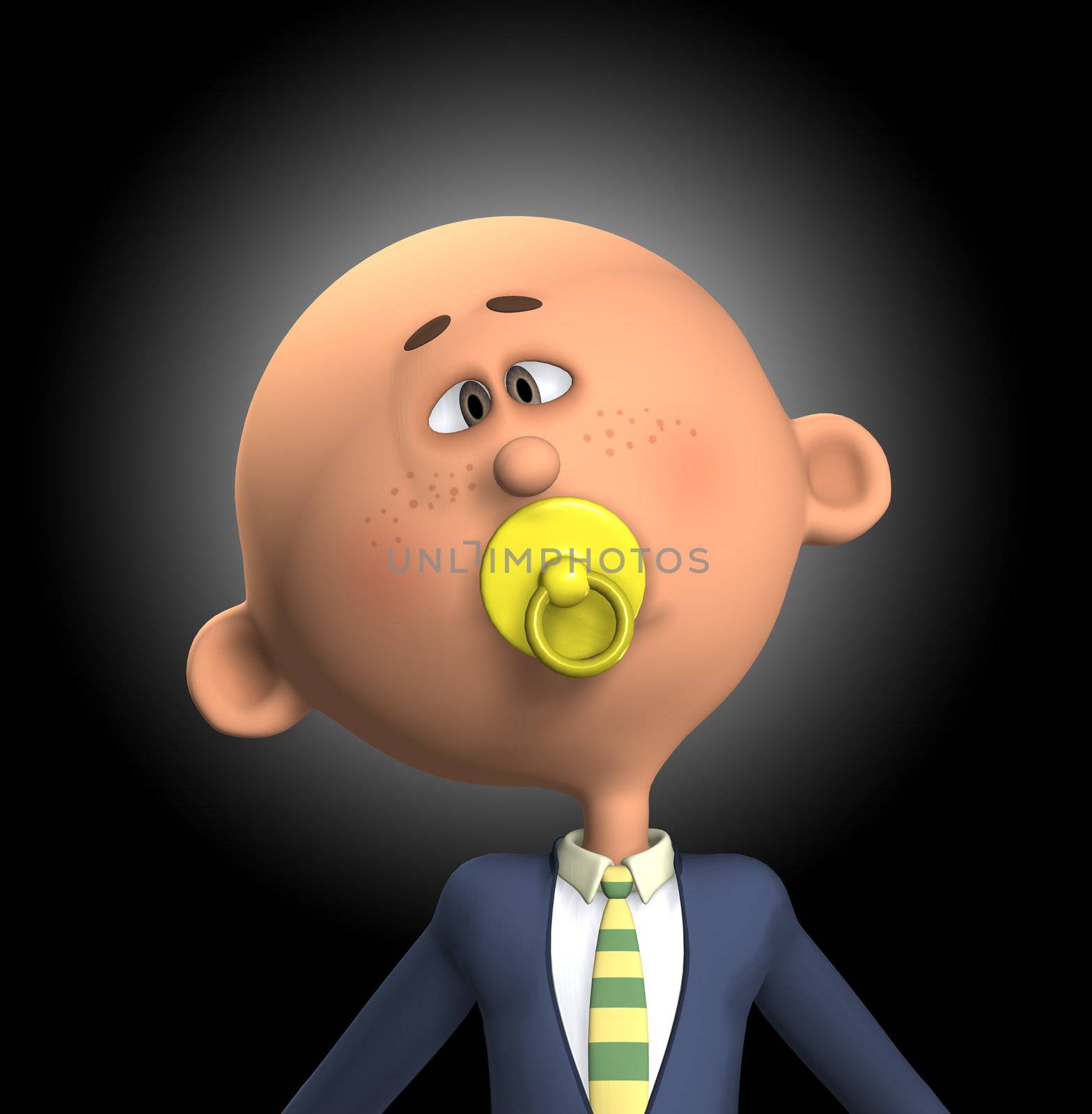 Humorous concept image showing a  business man sucking on a babies dummy.
