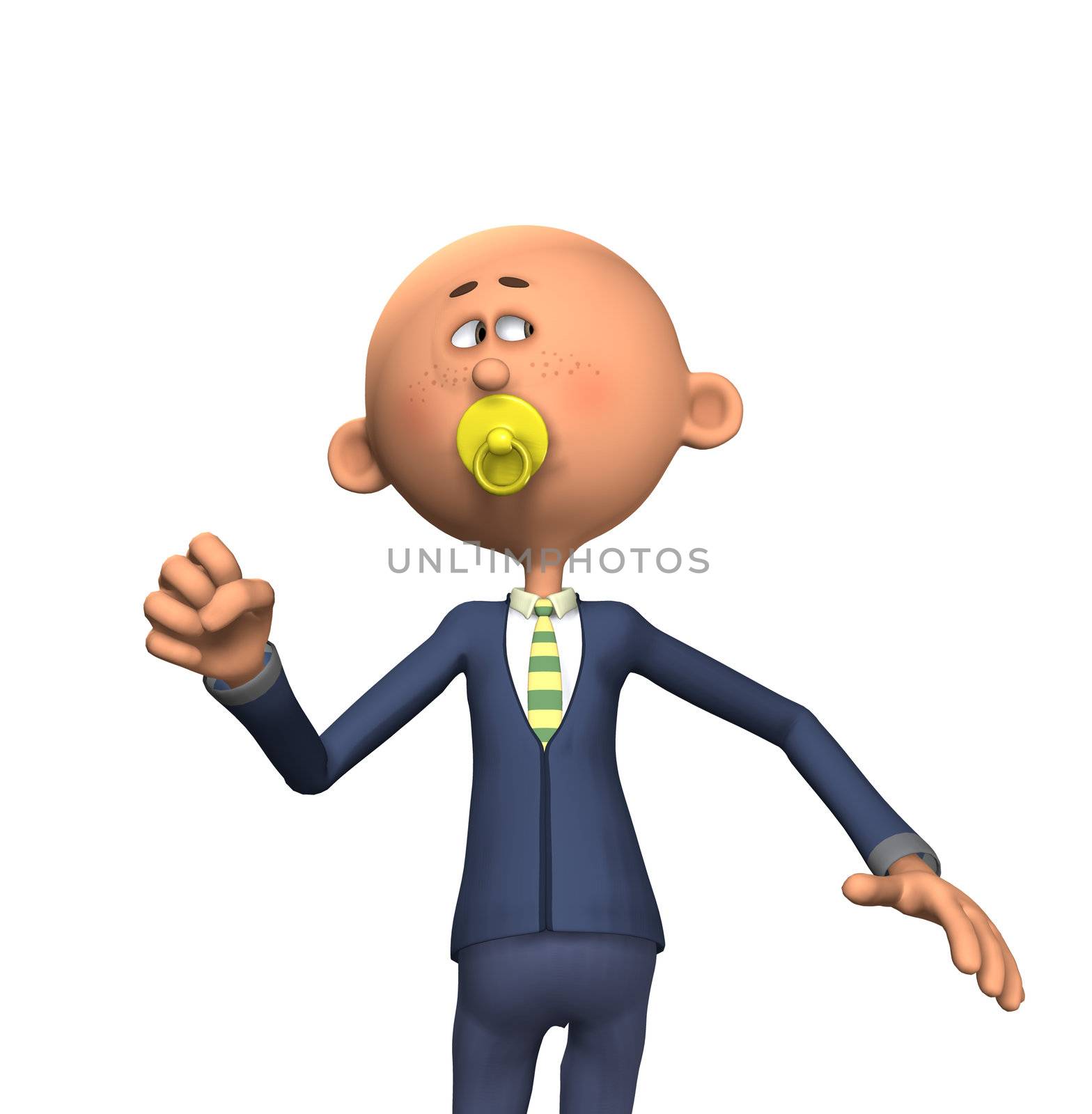 Humorous concept image showing a  business man sucking on a babies dummy.
