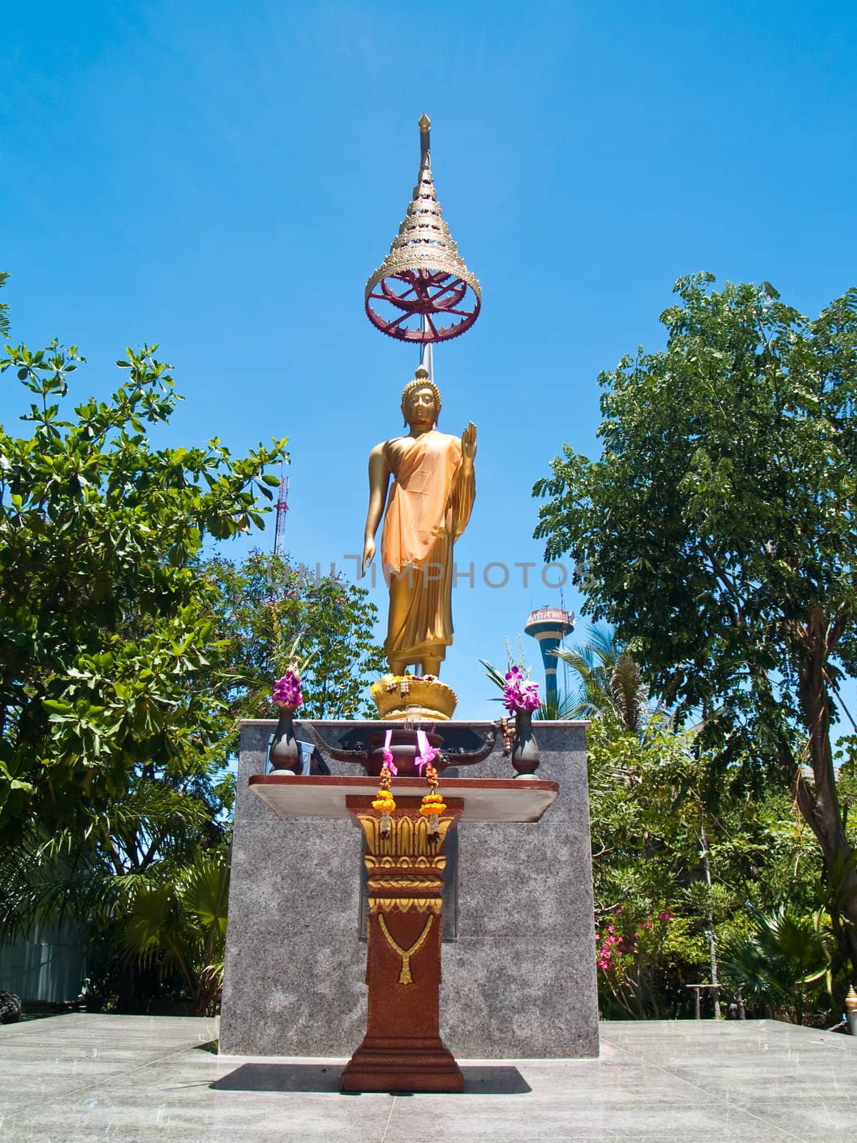 Statue of Buddha Abhaya Mudra posture with tiered umbrella