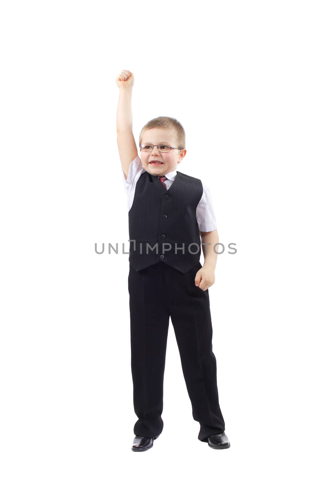 Small boy simulant imitate businessman photo on white