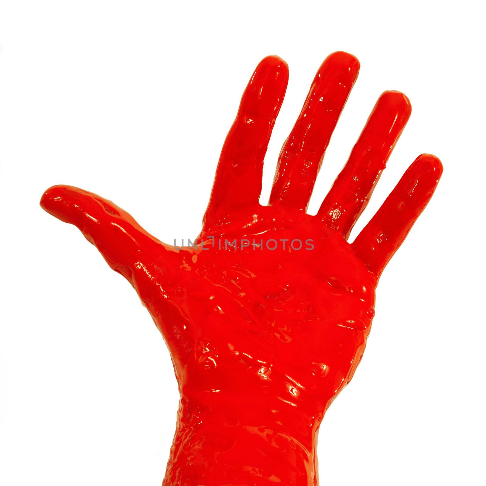 A hand is covered with red paint.