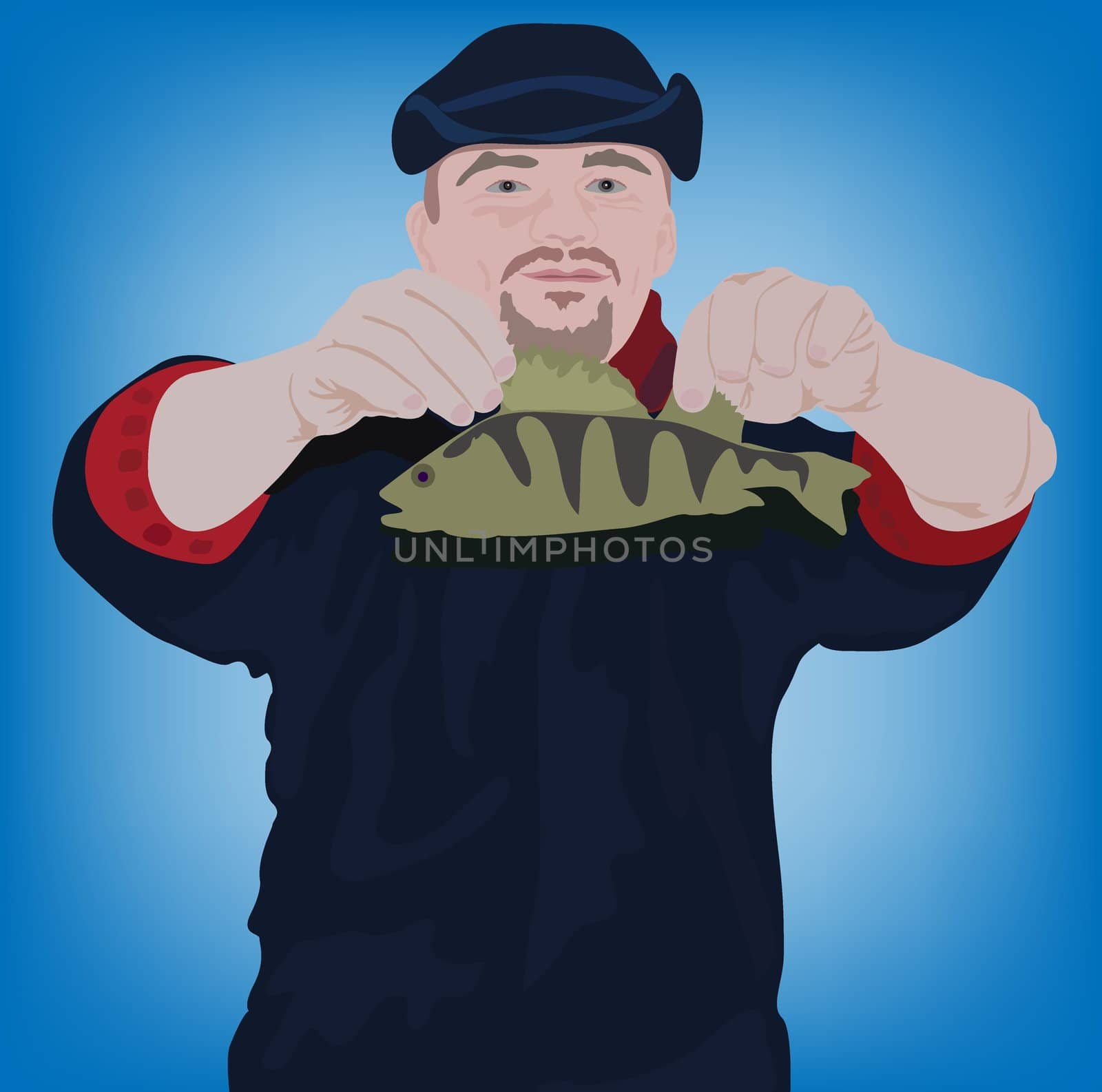 vector illustration of the happy fishman with fish