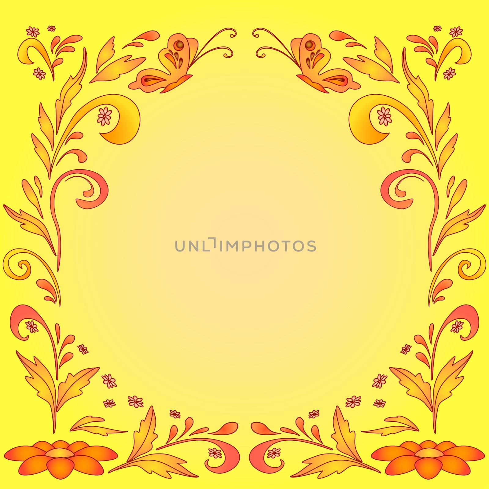 Abstract floral orange and yellow background with flowers and butterflies