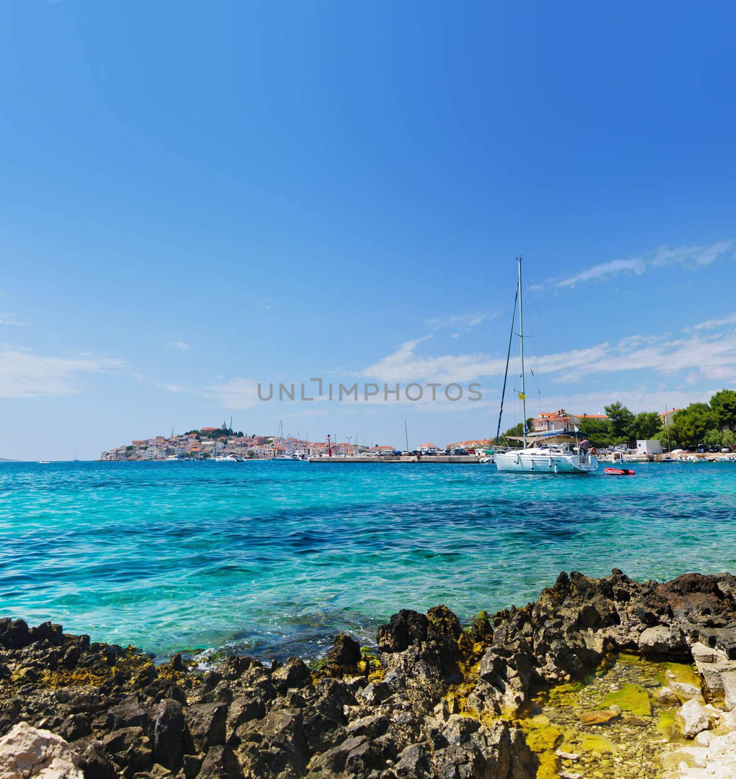 Panoramic view of the Dalmatian coast and sea with yacht from the city of Rovinj Croatia