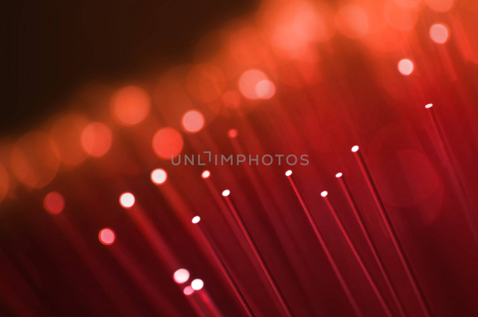 Close up on the ends of many illuminated red fiber optic strands with black background. Focus on foreground.
