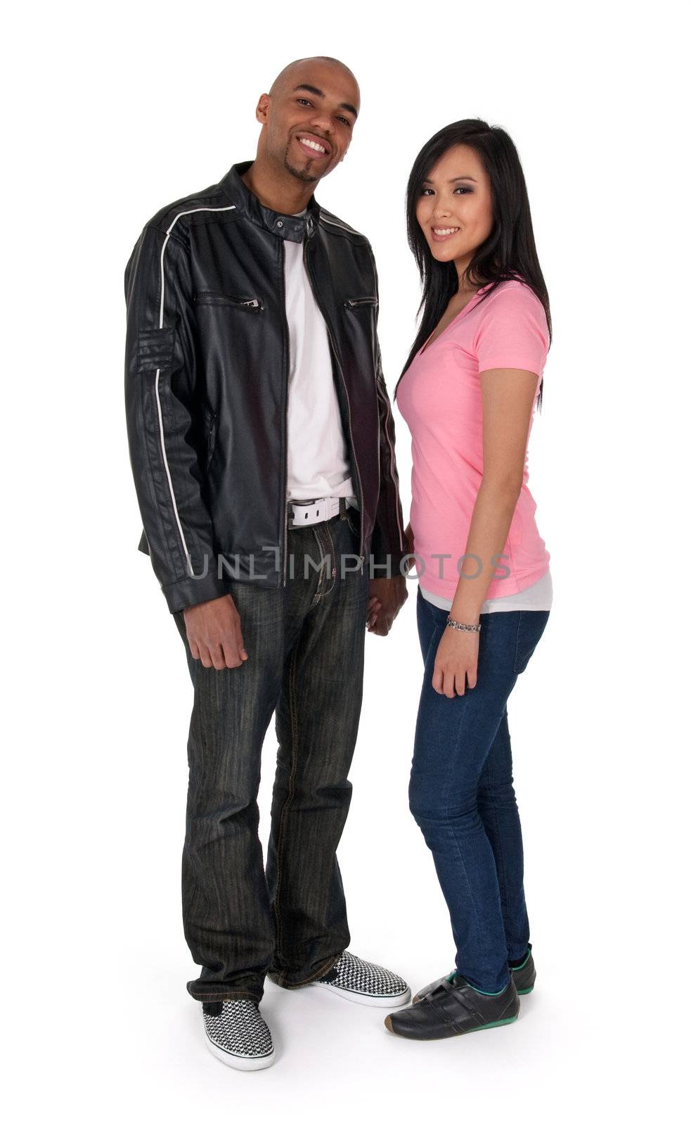 Smiling interracial couple - African American guy with Asian girlfriend.