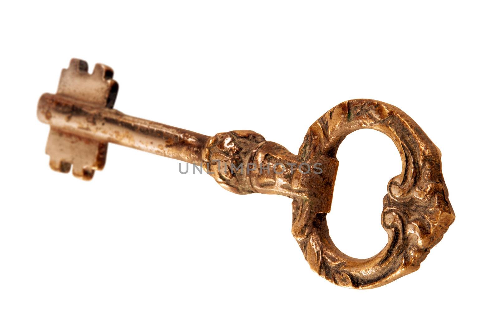 Golden vintage ancient key over white background.