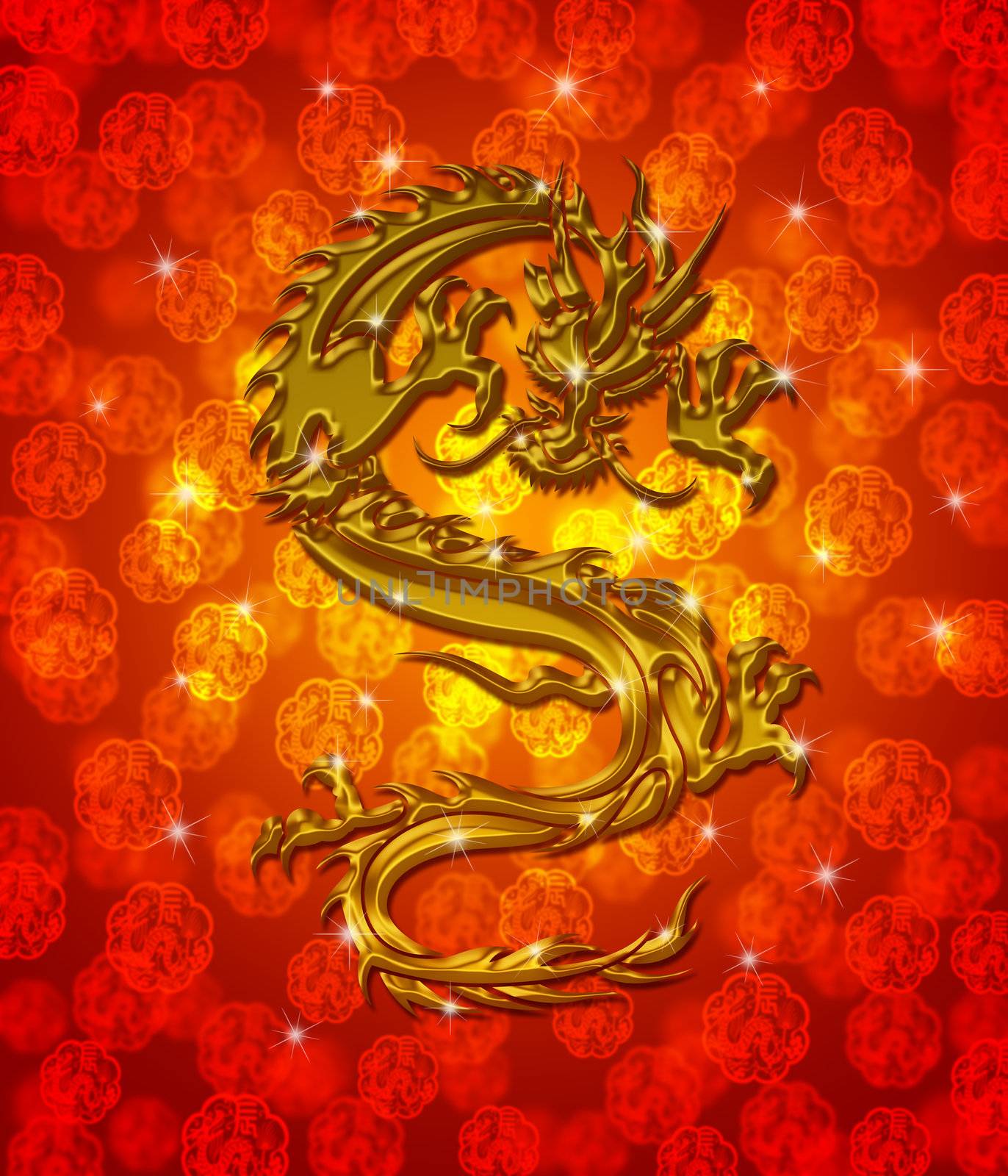 Golden Metallic Chinese Oriental Dragon on Red Blurred Background Illustration