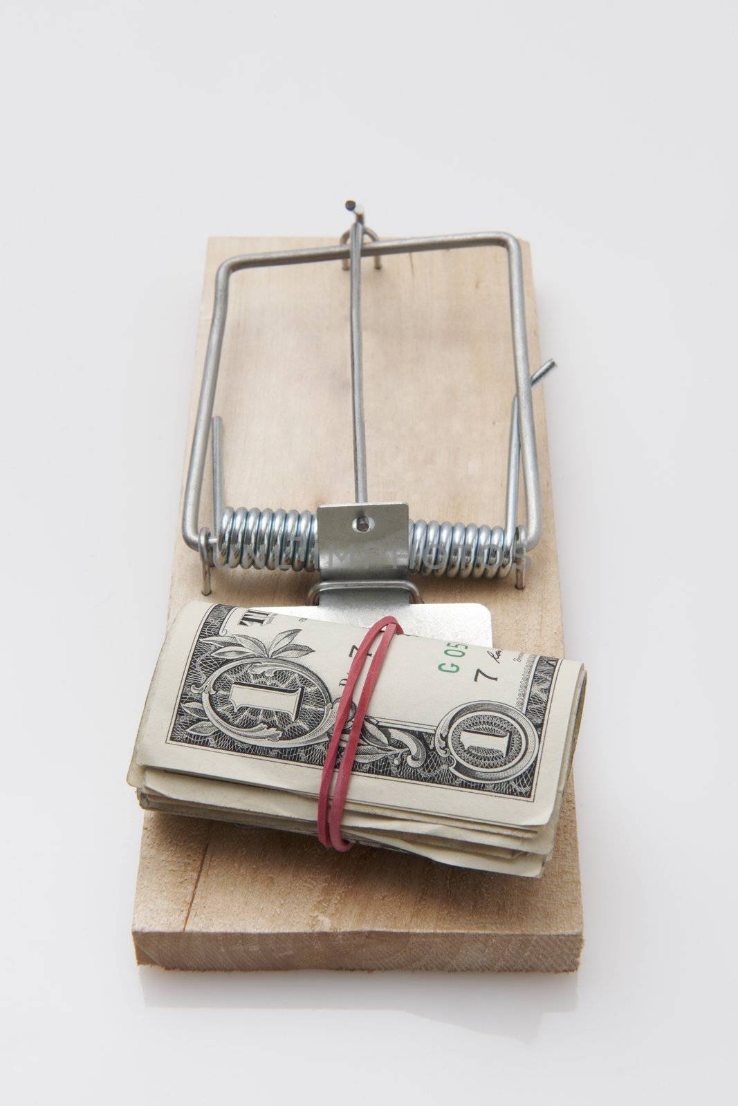 several dollar bills with elastic band  set on a mouse-trap