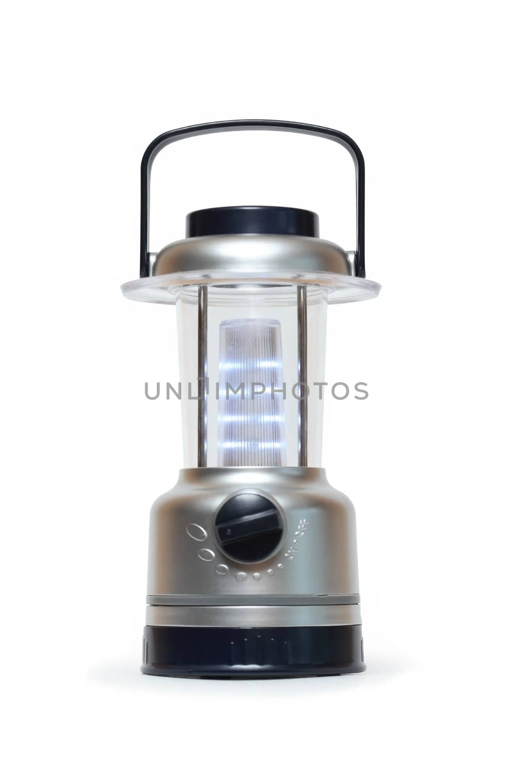 Modern battery powered camping lamp isolated on white with clipping path