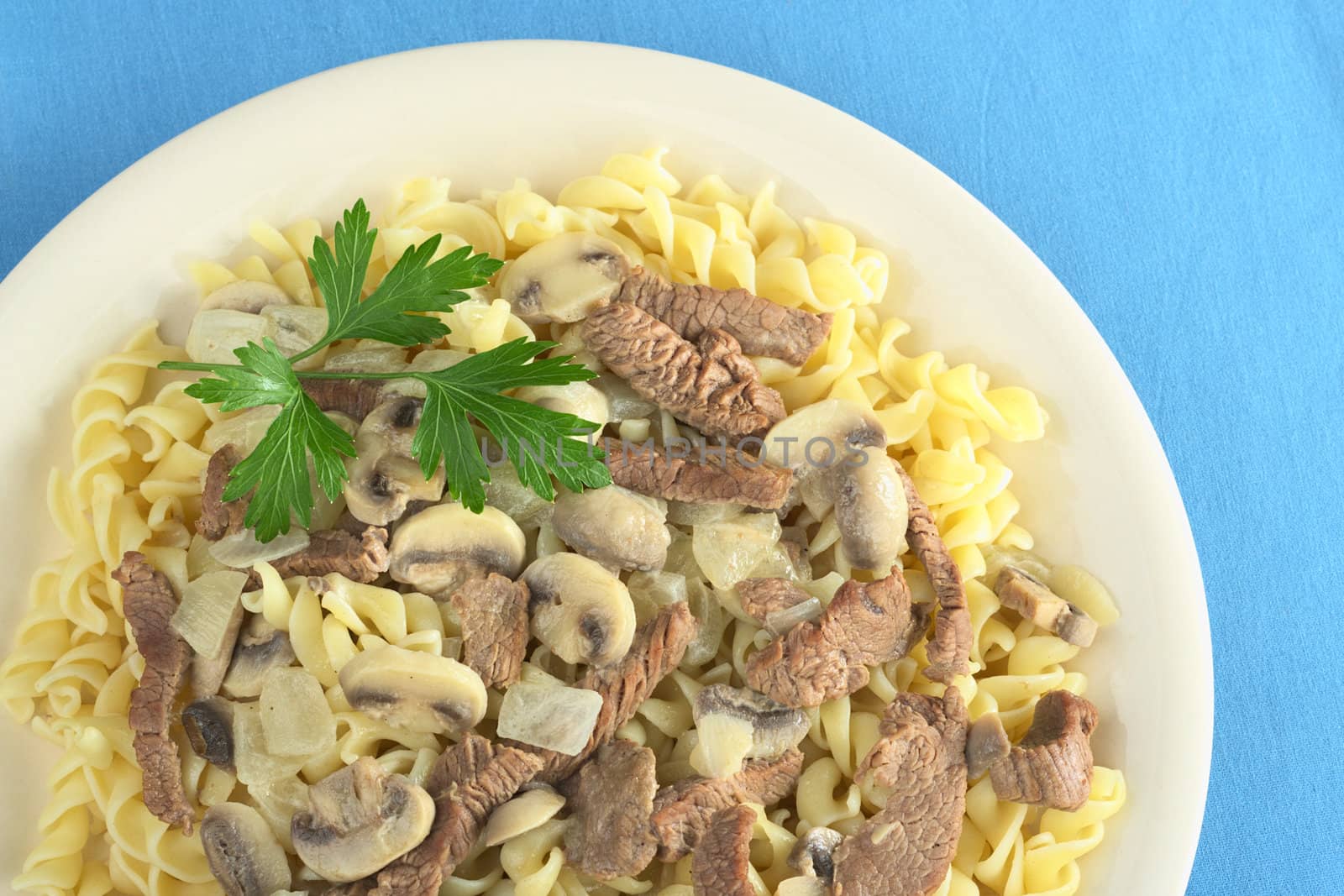 Veal strips with white mushrooms and onion in cream sauce served on fusilli pasta and garnished with a parsley leaf (Selective Focus, Focus on the parsley leaf and its surroundings)