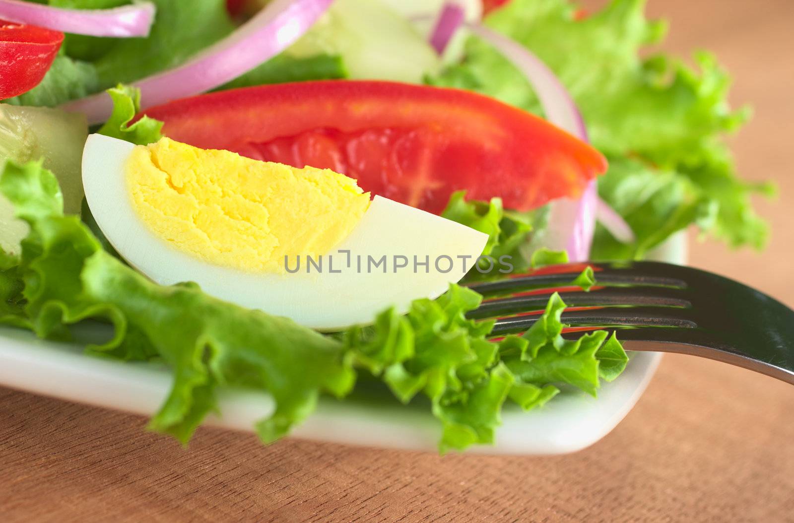 Fresh salad with boiled egg, lettuce, tomato, cucumber and red onion served on a plate with a fork (Selective Focus, Focus on the front of the egg)