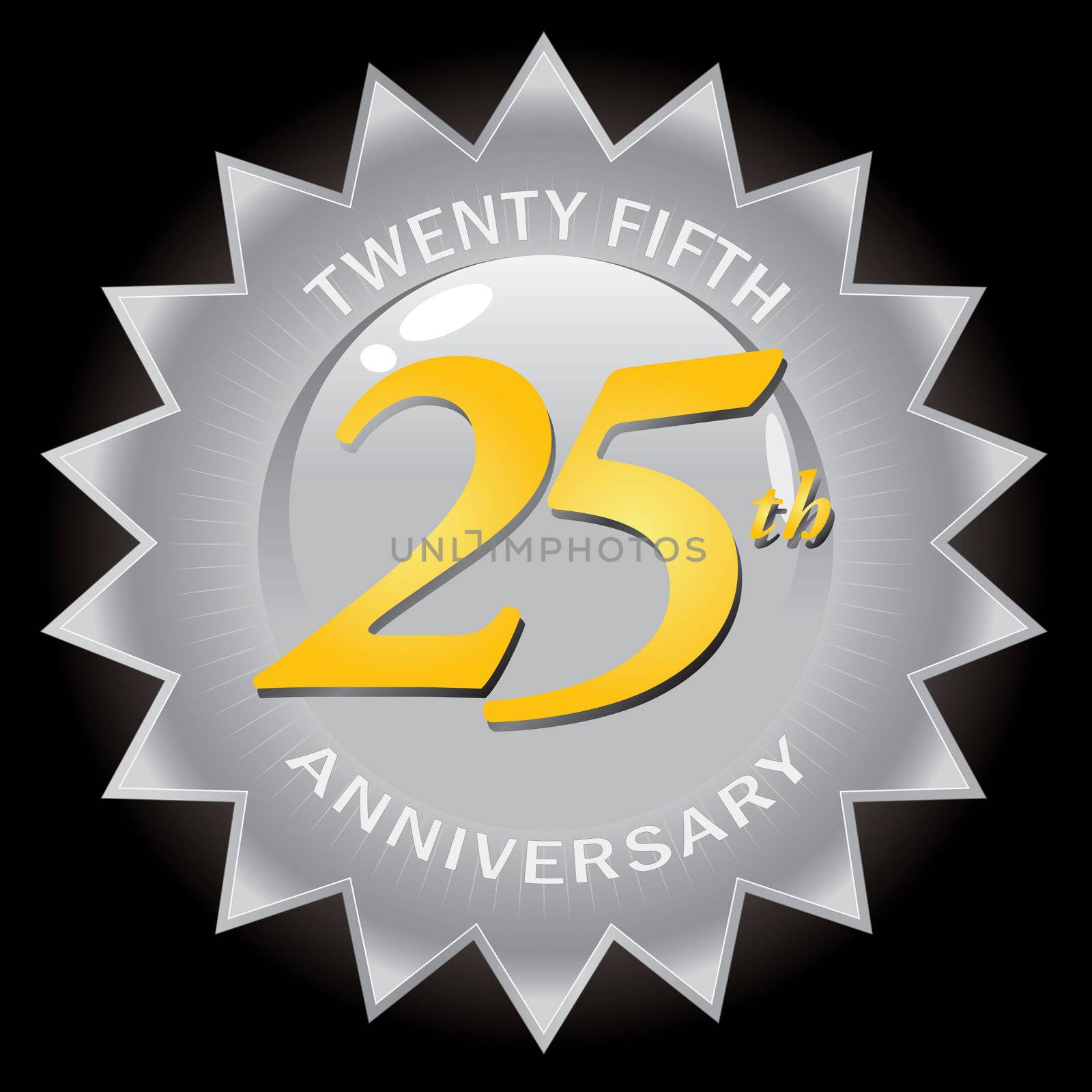A silver twenty fifth 25th anniversary seal isolated over a black background.  This vector image is easily customized to suit your needs.