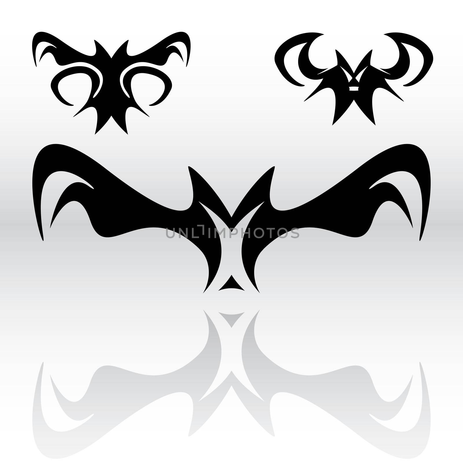 Three different original vampire bat cliparts in a tribal or gothic looking style for use as art elements or icons.