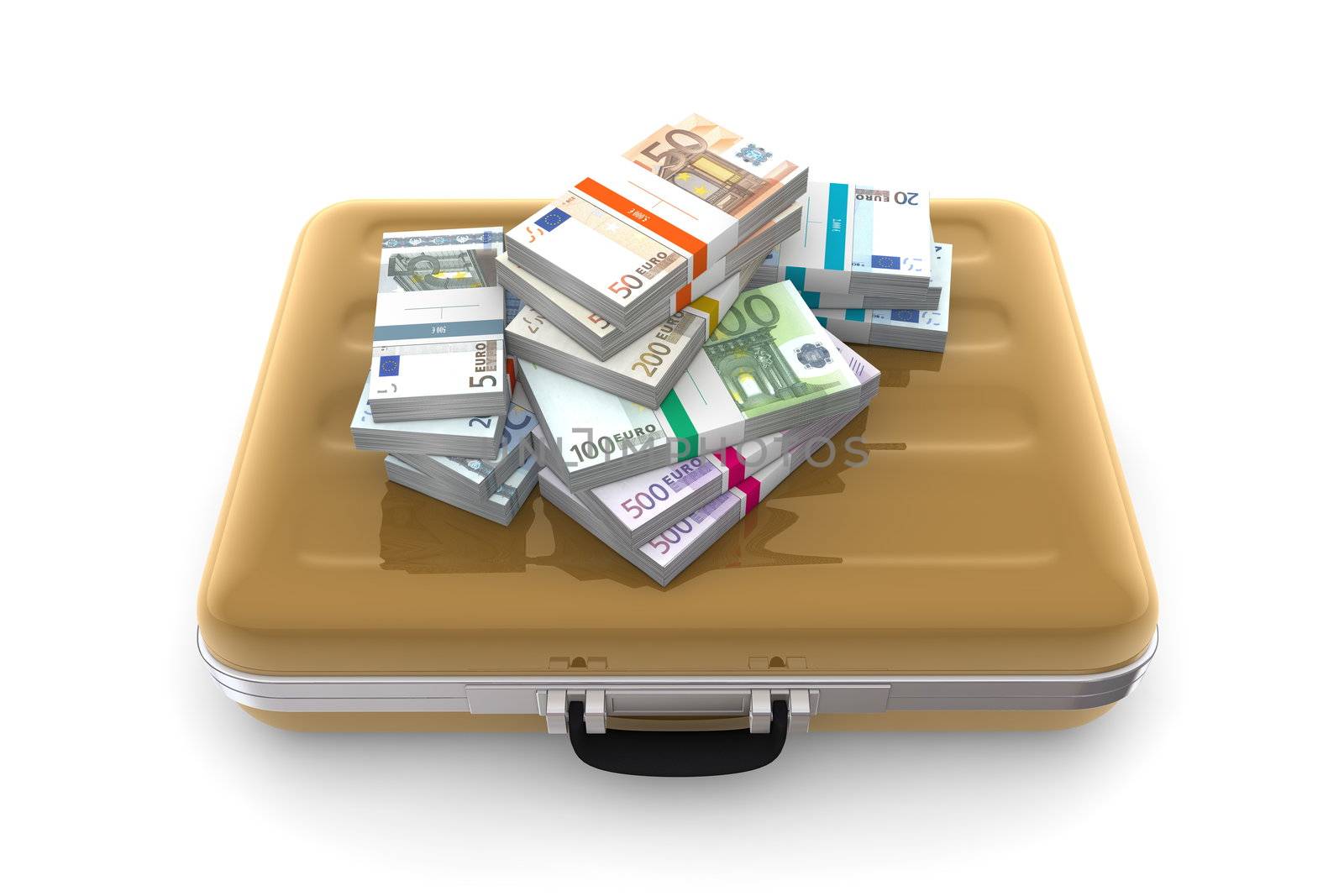 Euro Cash Packets on a Golden Briefcase by PixBox