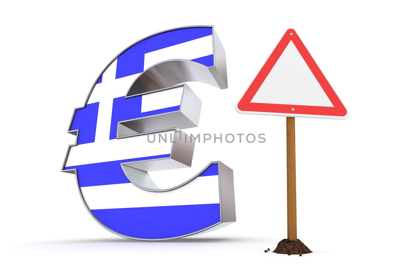 shiny metallic Euro symbol with a greek flag on it's front - a red and white  triangular warning sign stands next to it