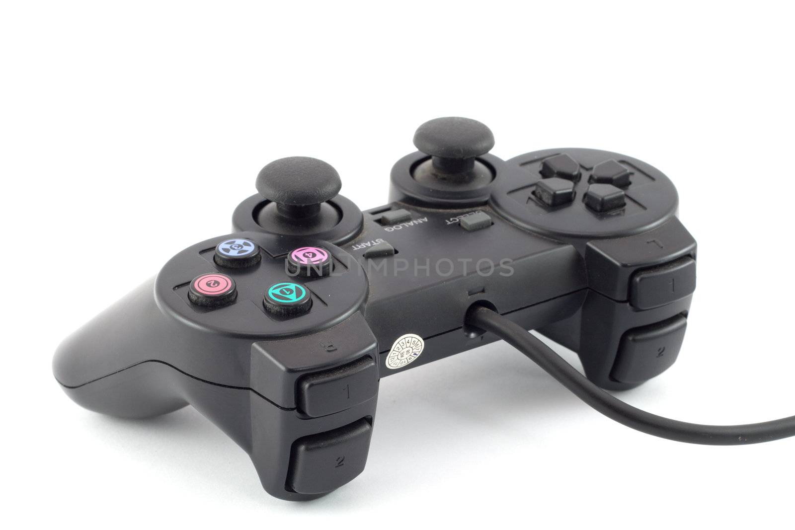 Black gaming joystick on white background