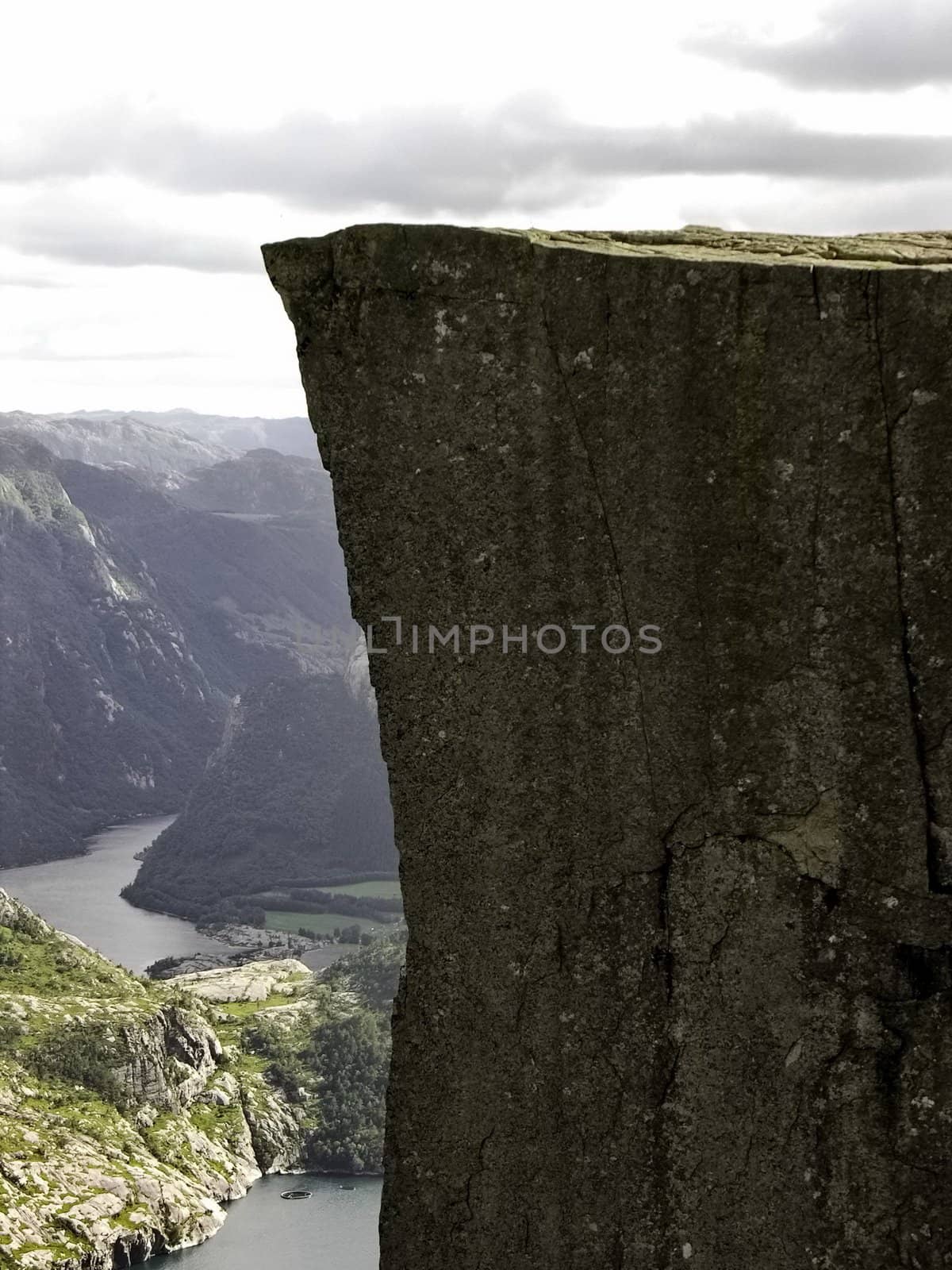 Preikestolen  pulpit-rock view in Norway fjord landscape